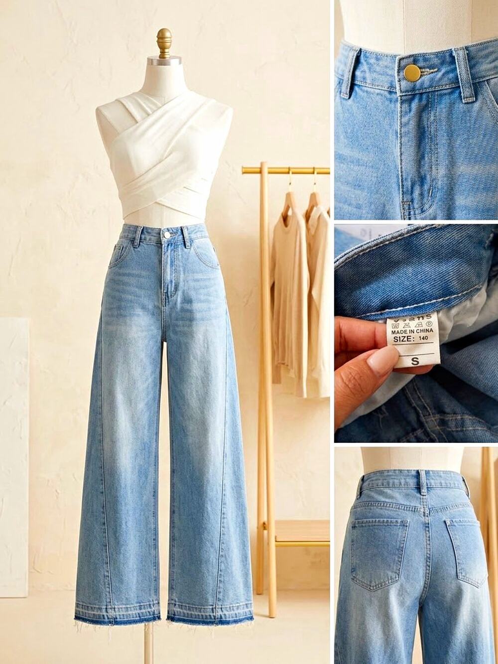 NWT High Rise Wide Leg Jeans Light Wash Front Seam Frayed Raw Hem Size S